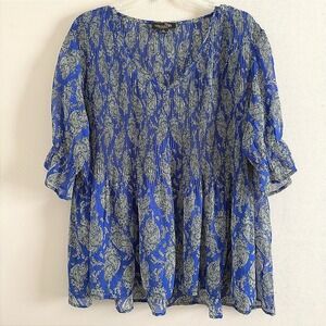 Suzanne Betro Blue Paisley V-Neck Peasant Blouse size Large